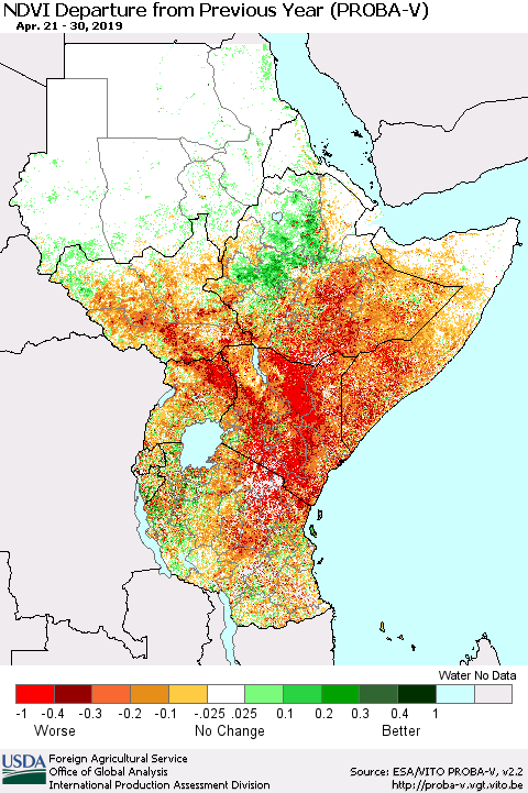Eastern Africa NDVI Departure from Previous Year (PROBA-V) Thematic Map For 4/21/2019 - 4/30/2019