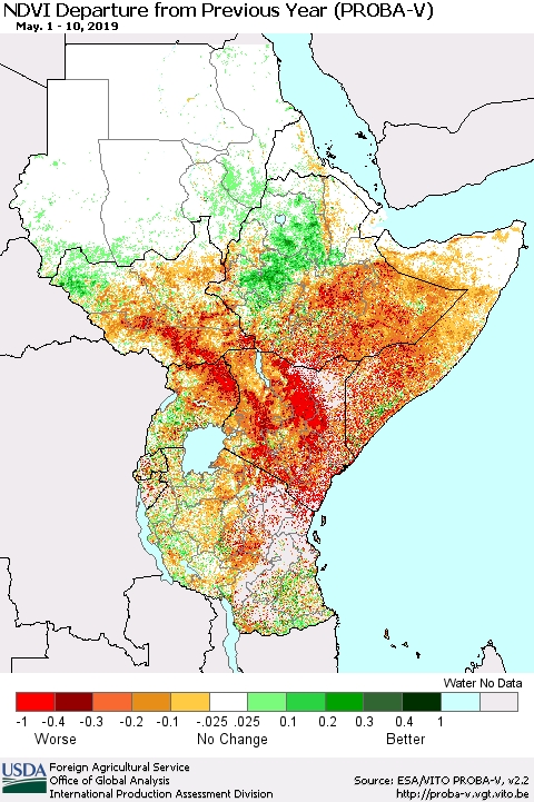 Eastern Africa NDVI Departure from Previous Year (PROBA-V) Thematic Map For 5/1/2019 - 5/10/2019