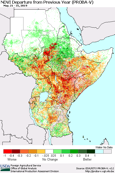 Eastern Africa NDVI Departure from Previous Year (PROBA-V) Thematic Map For 5/21/2019 - 5/31/2019