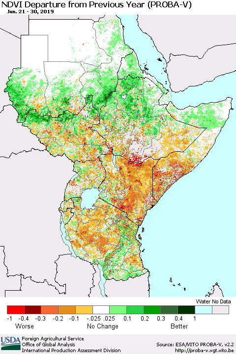 Eastern Africa NDVI Departure from Previous Year (PROBA-V) Thematic Map For 6/21/2019 - 6/30/2019