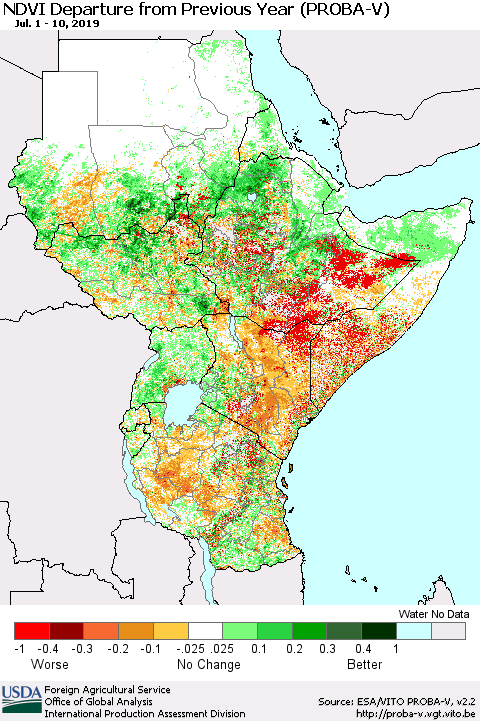 Eastern Africa NDVI Departure from Previous Year (PROBA-V) Thematic Map For 7/1/2019 - 7/10/2019