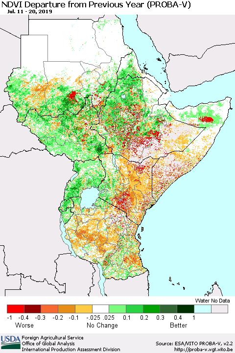 Eastern Africa NDVI Departure from Previous Year (PROBA-V) Thematic Map For 7/11/2019 - 7/20/2019