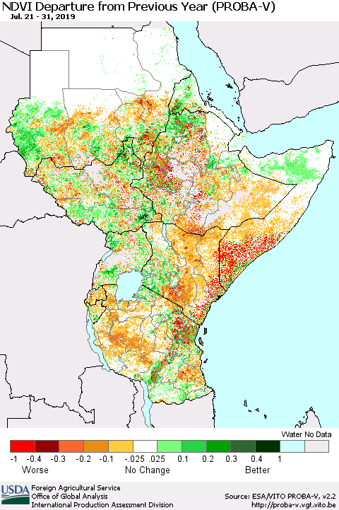 Eastern Africa NDVI Departure from Previous Year (PROBA-V) Thematic Map For 7/21/2019 - 7/31/2019