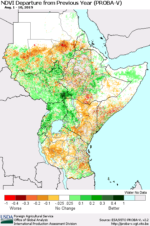 Eastern Africa NDVI Departure from Previous Year (PROBA-V) Thematic Map For 8/1/2019 - 8/10/2019