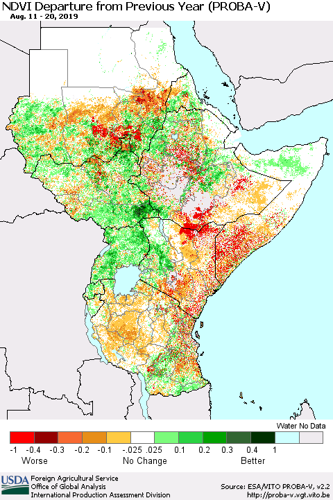 Eastern Africa NDVI Departure from Previous Year (PROBA-V) Thematic Map For 8/11/2019 - 8/20/2019