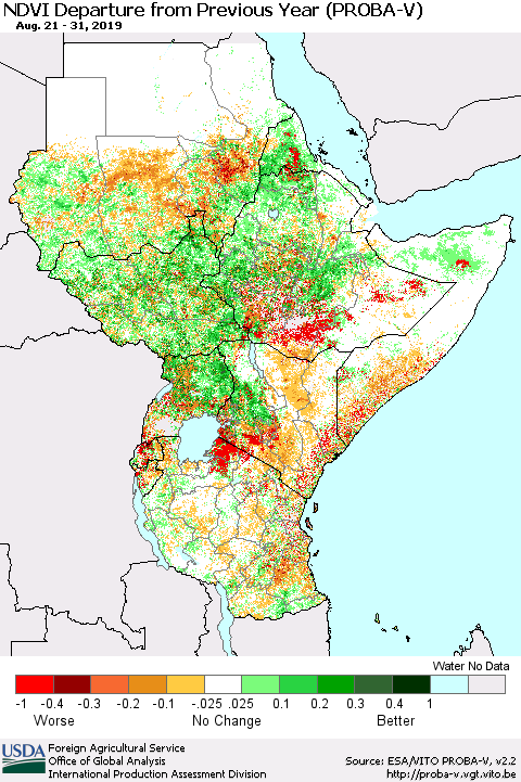 Eastern Africa NDVI Departure from Previous Year (PROBA-V) Thematic Map For 8/21/2019 - 8/31/2019