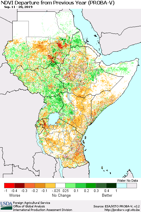 Eastern Africa NDVI Departure from Previous Year (PROBA-V) Thematic Map For 9/11/2019 - 9/20/2019
