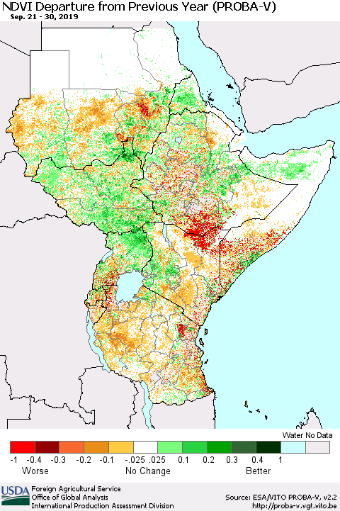 Eastern Africa NDVI Departure from Previous Year (PROBA-V) Thematic Map For 9/21/2019 - 9/30/2019