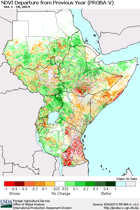 Eastern Africa NDVI Departure from Previous Year (PROBA-V) Thematic Map For 10/1/2019 - 10/10/2019