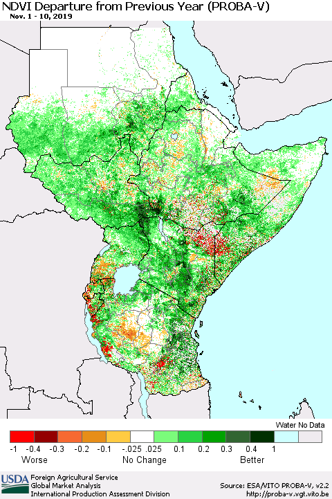 Eastern Africa NDVI Departure from Previous Year (PROBA-V) Thematic Map For 11/1/2019 - 11/10/2019