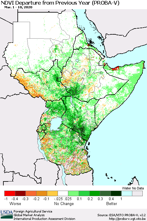 Eastern Africa NDVI Departure from Previous Year (PROBA-V) Thematic Map For 3/1/2020 - 3/10/2020