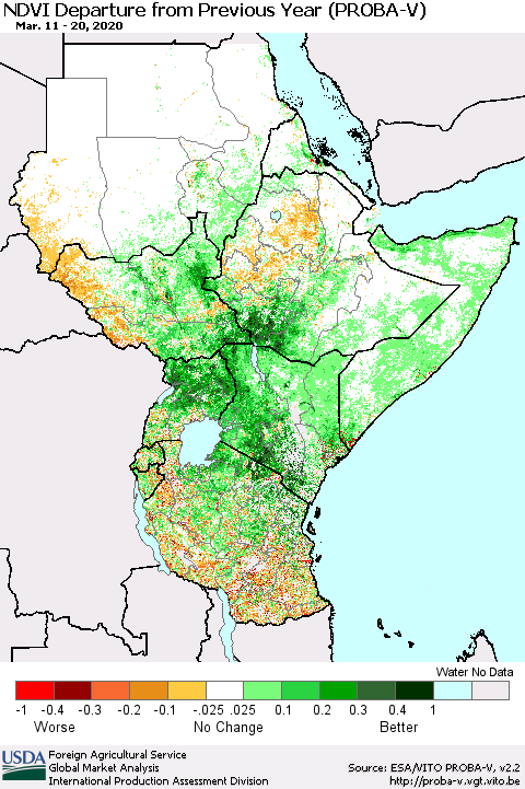 Eastern Africa NDVI Departure from Previous Year (PROBA-V) Thematic Map For 3/11/2020 - 3/20/2020