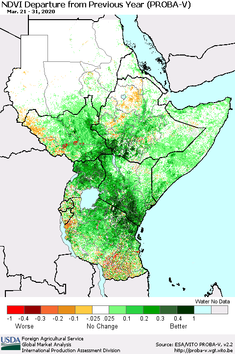 Eastern Africa NDVI Departure from Previous Year (PROBA-V) Thematic Map For 3/21/2020 - 3/31/2020