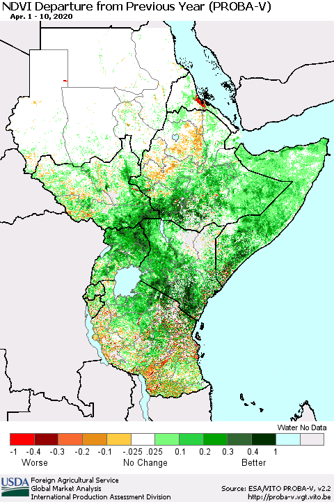 Eastern Africa NDVI Departure from Previous Year (PROBA-V) Thematic Map For 4/1/2020 - 4/10/2020
