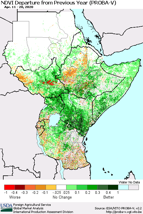 Eastern Africa NDVI Departure from Previous Year (PROBA-V) Thematic Map For 4/11/2020 - 4/20/2020