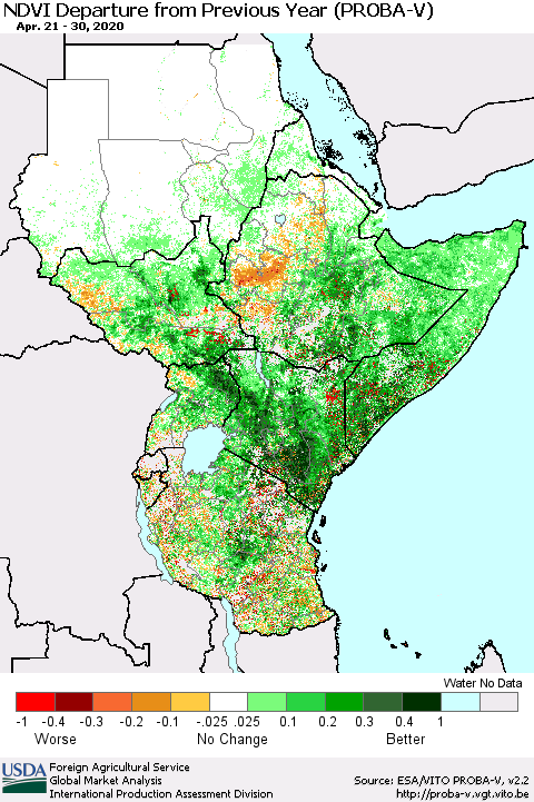 Eastern Africa NDVI Departure from Previous Year (PROBA-V) Thematic Map For 4/21/2020 - 4/30/2020