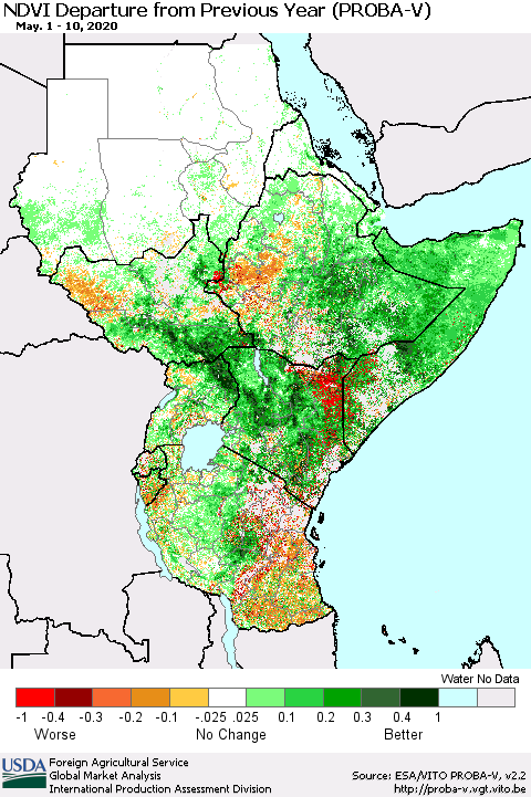 Eastern Africa NDVI Departure from Previous Year (PROBA-V) Thematic Map For 5/1/2020 - 5/10/2020