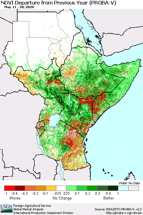 Eastern Africa NDVI Departure from Previous Year (PROBA-V) Thematic Map For 5/11/2020 - 5/20/2020
