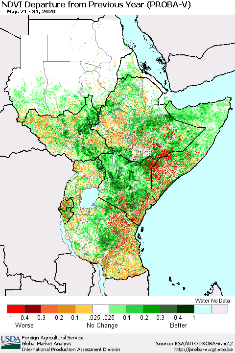 Eastern Africa NDVI Departure from Previous Year (PROBA-V) Thematic Map For 5/21/2020 - 5/31/2020