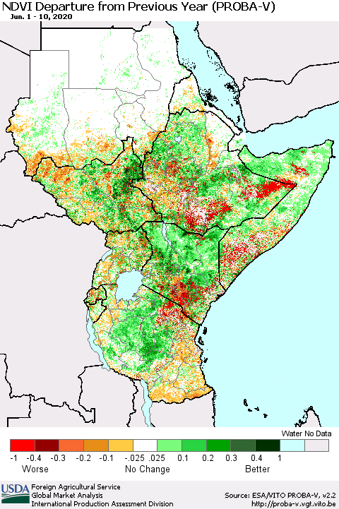 Eastern Africa NDVI Departure from Previous Year (PROBA-V) Thematic Map For 6/1/2020 - 6/10/2020