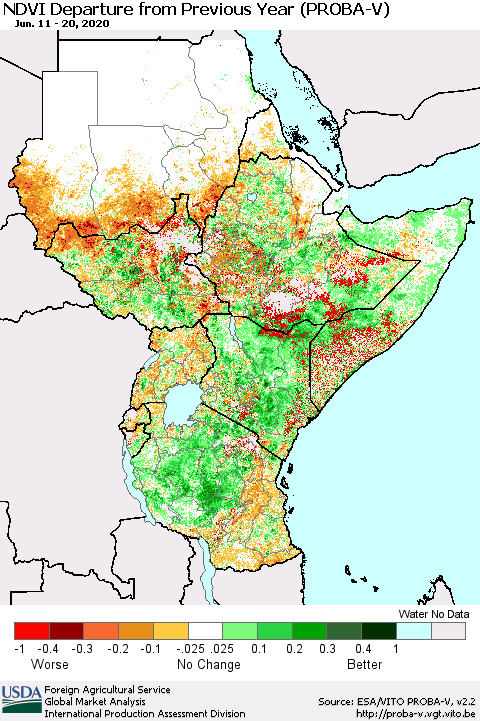 Eastern Africa NDVI Departure from Previous Year (PROBA-V) Thematic Map For 6/11/2020 - 6/20/2020