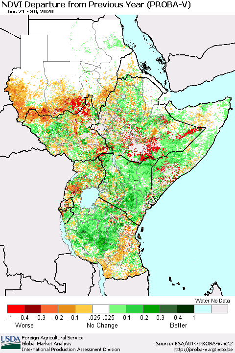 Eastern Africa NDVI Departure from Previous Year (PROBA-V) Thematic Map For 6/21/2020 - 6/30/2020