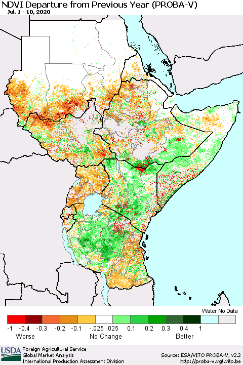 Eastern Africa NDVI Departure from Previous Year (PROBA-V) Thematic Map For 7/1/2020 - 7/10/2020