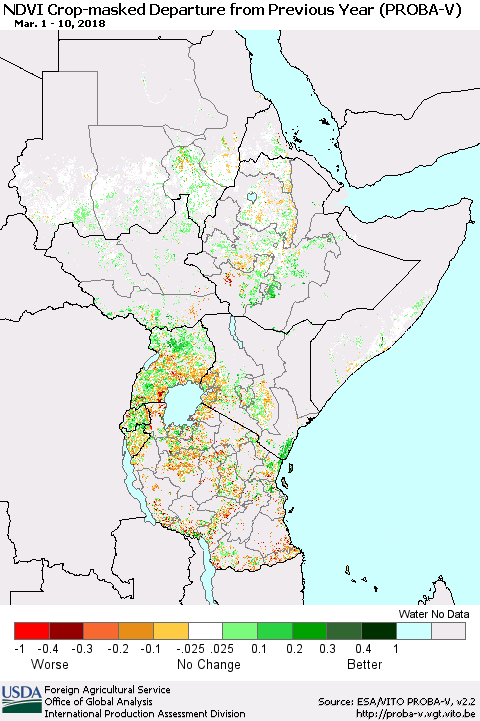 Eastern Africa NDVI Crop-masked Departure from Previous Year (PROBA-V) Thematic Map For 3/1/2018 - 3/10/2018