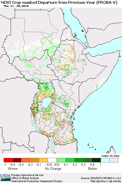 Eastern Africa NDVI Crop-masked Departure from Previous Year (PROBA-V) Thematic Map For 3/11/2018 - 3/20/2018
