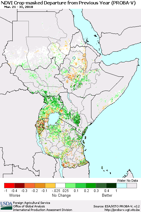 Eastern Africa NDVI Crop-masked Departure from Previous Year (PROBA-V) Thematic Map For 3/21/2018 - 3/31/2018