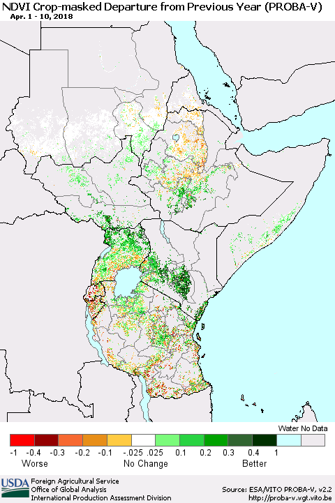 Eastern Africa NDVI Crop-masked Departure from Previous Year (PROBA-V) Thematic Map For 4/1/2018 - 4/10/2018
