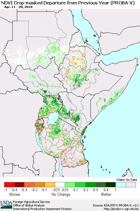 Eastern Africa NDVI Crop-masked Departure from Previous Year (PROBA-V) Thematic Map For 4/11/2018 - 4/20/2018
