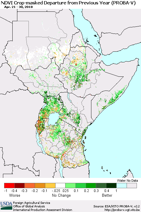 Eastern Africa NDVI Crop-masked Departure from Previous Year (PROBA-V) Thematic Map For 4/21/2018 - 4/30/2018