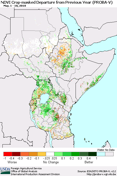 Eastern Africa NDVI Crop-masked Departure from Previous Year (PROBA-V) Thematic Map For 5/1/2018 - 5/10/2018