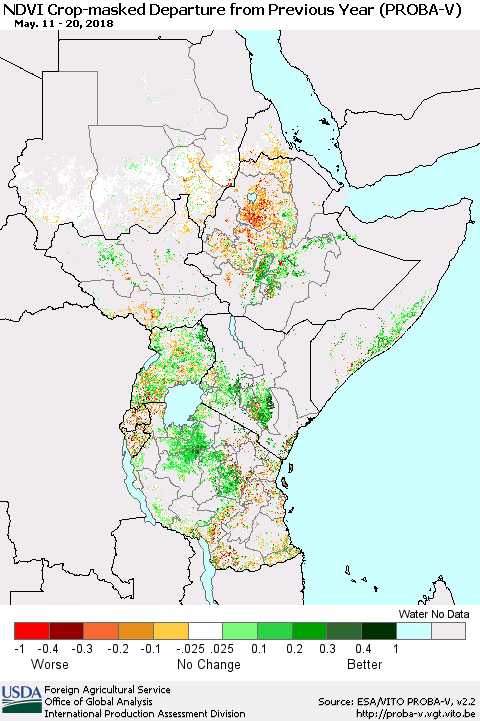 Eastern Africa NDVI Crop-masked Departure from Previous Year (PROBA-V) Thematic Map For 5/11/2018 - 5/20/2018