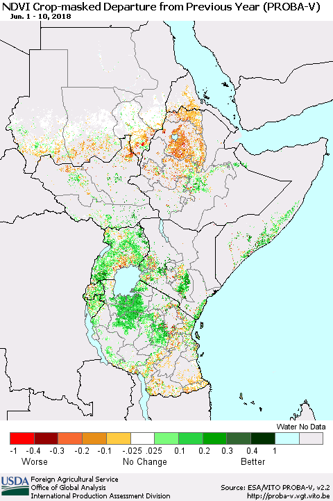 Eastern Africa NDVI Crop-masked Departure from Previous Year (PROBA-V) Thematic Map For 6/1/2018 - 6/10/2018