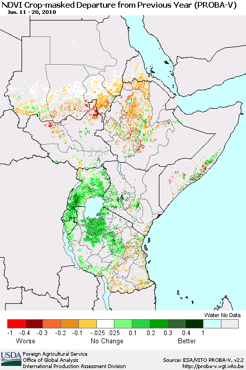 Eastern Africa NDVI Crop-masked Departure from Previous Year (PROBA-V) Thematic Map For 6/11/2018 - 6/20/2018