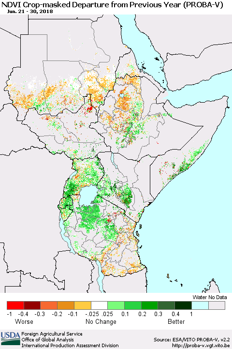 Eastern Africa NDVI Crop-masked Departure from Previous Year (PROBA-V) Thematic Map For 6/21/2018 - 6/30/2018