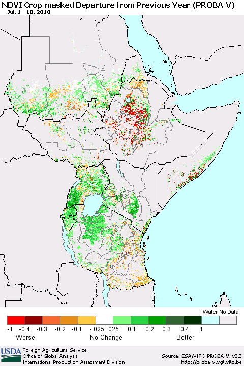 Eastern Africa NDVI Crop-masked Departure from Previous Year (PROBA-V) Thematic Map For 7/1/2018 - 7/10/2018