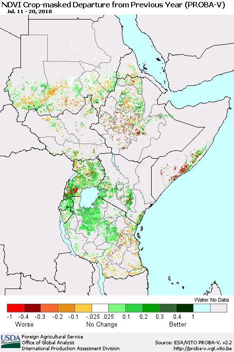 Eastern Africa NDVI Crop-masked Departure from Previous Year (PROBA-V) Thematic Map For 7/11/2018 - 7/20/2018