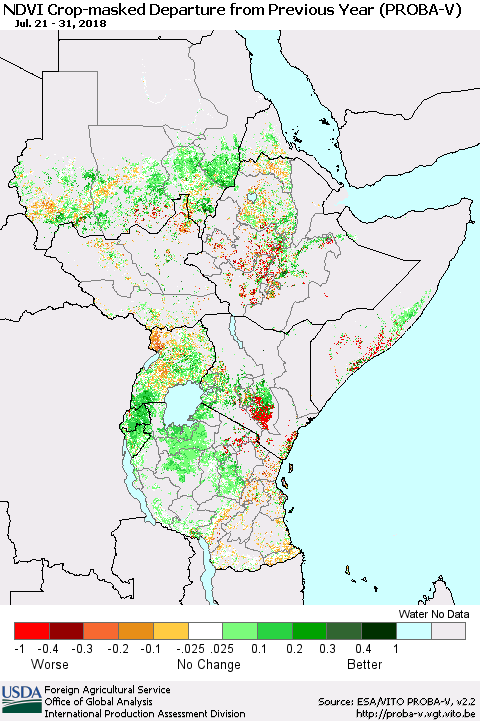 Eastern Africa NDVI Crop-masked Departure from Previous Year (PROBA-V) Thematic Map For 7/21/2018 - 7/31/2018
