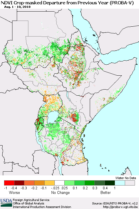 Eastern Africa NDVI Crop-masked Departure from Previous Year (PROBA-V) Thematic Map For 8/1/2018 - 8/10/2018