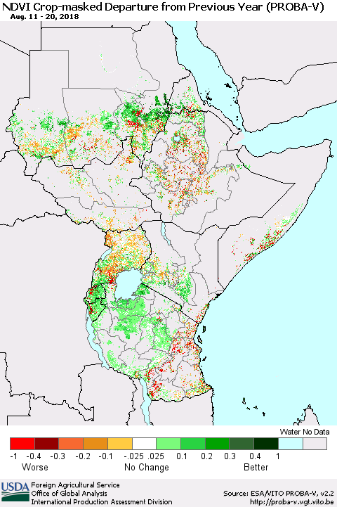 Eastern Africa NDVI Crop-masked Departure from Previous Year (PROBA-V) Thematic Map For 8/11/2018 - 8/20/2018