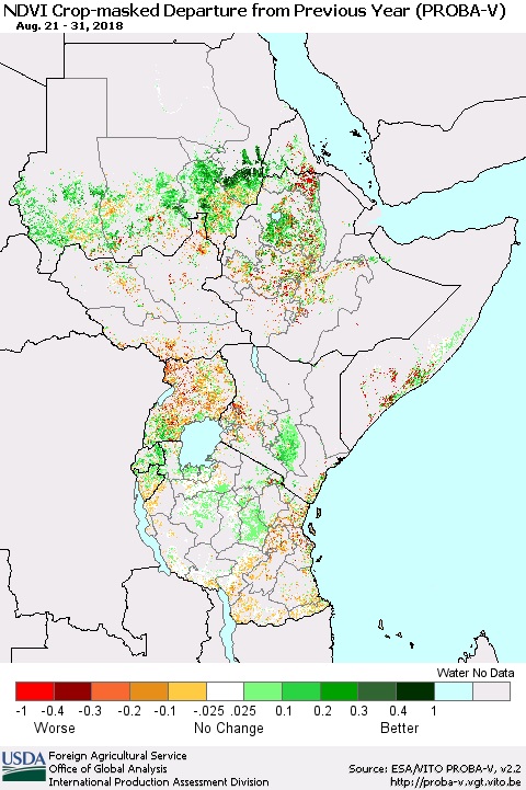 Eastern Africa NDVI Crop-masked Departure from Previous Year (PROBA-V) Thematic Map For 8/21/2018 - 8/31/2018