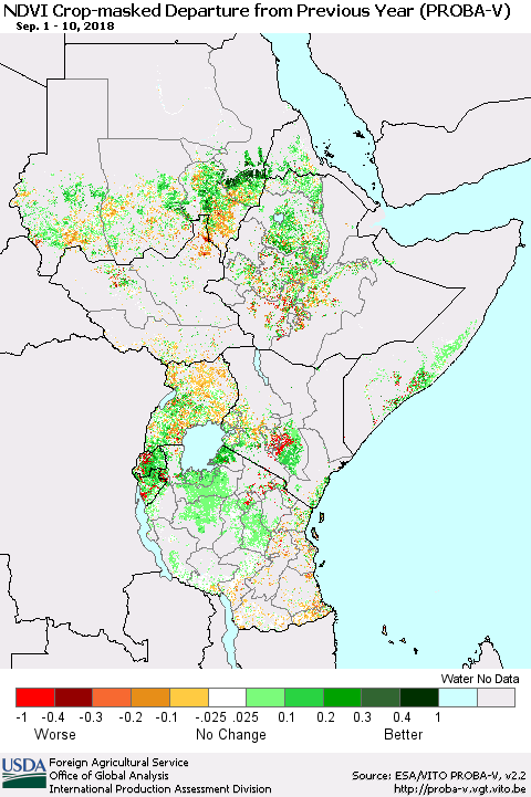 Eastern Africa NDVI Crop-masked Departure from Previous Year (PROBA-V) Thematic Map For 9/1/2018 - 9/10/2018