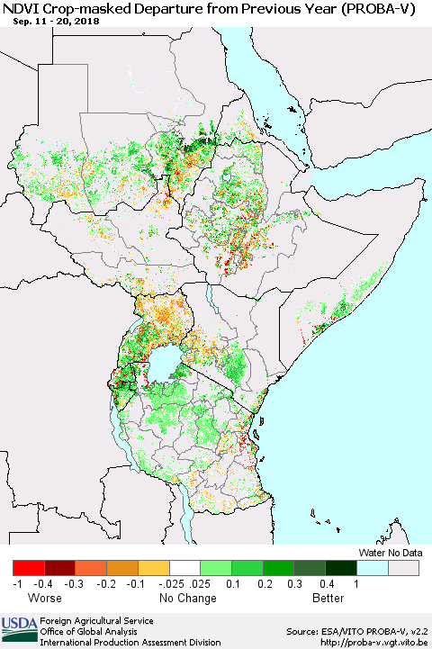 Eastern Africa NDVI Crop-masked Departure from Previous Year (PROBA-V) Thematic Map For 9/11/2018 - 9/20/2018