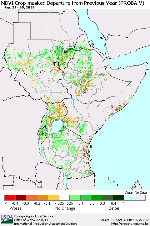 Eastern Africa NDVI Crop-masked Departure from Previous Year (PROBA-V) Thematic Map For 9/21/2018 - 9/30/2018
