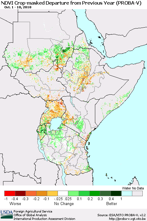 Eastern Africa NDVI Crop-masked Departure from Previous Year (PROBA-V) Thematic Map For 10/1/2018 - 10/10/2018