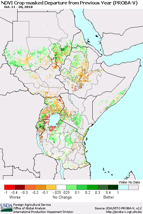 Eastern Africa NDVI Crop-masked Departure from Previous Year (PROBA-V) Thematic Map For 10/11/2018 - 10/20/2018