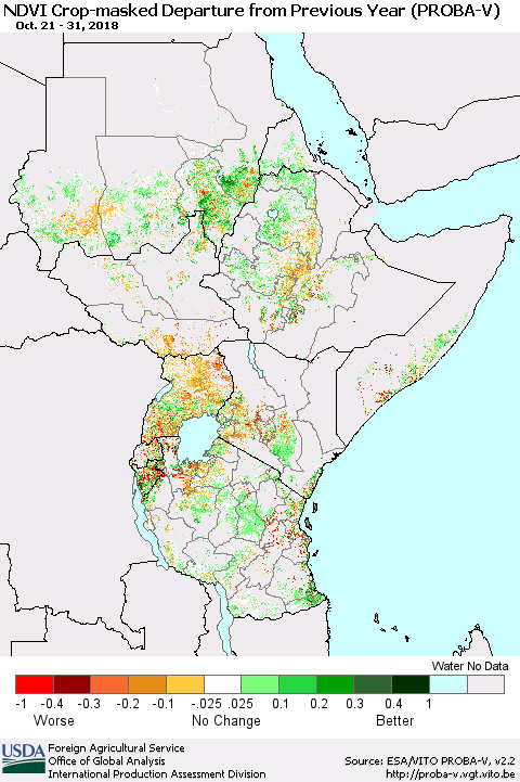 Eastern Africa NDVI Crop-masked Departure from Previous Year (PROBA-V) Thematic Map For 10/21/2018 - 10/31/2018